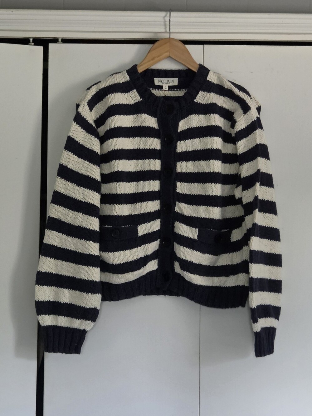 Nation LTD Navy and Cream Striped Button Cardigan